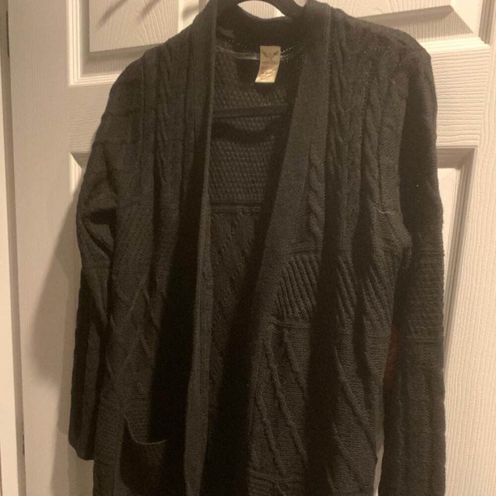Faded Glory Black Open Sweater Cardigan Cable Knit Size M (8-10) w/Pockets NWT
